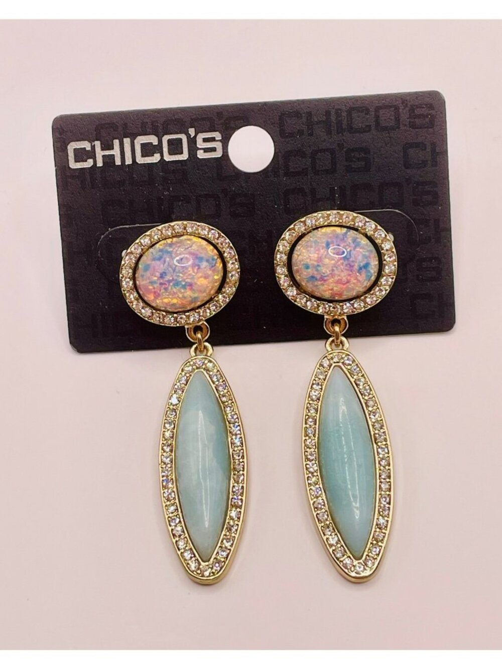 New Chico's Gold-Tone Crystal Drop Earrings Aqua & Iridescent Accents -32B